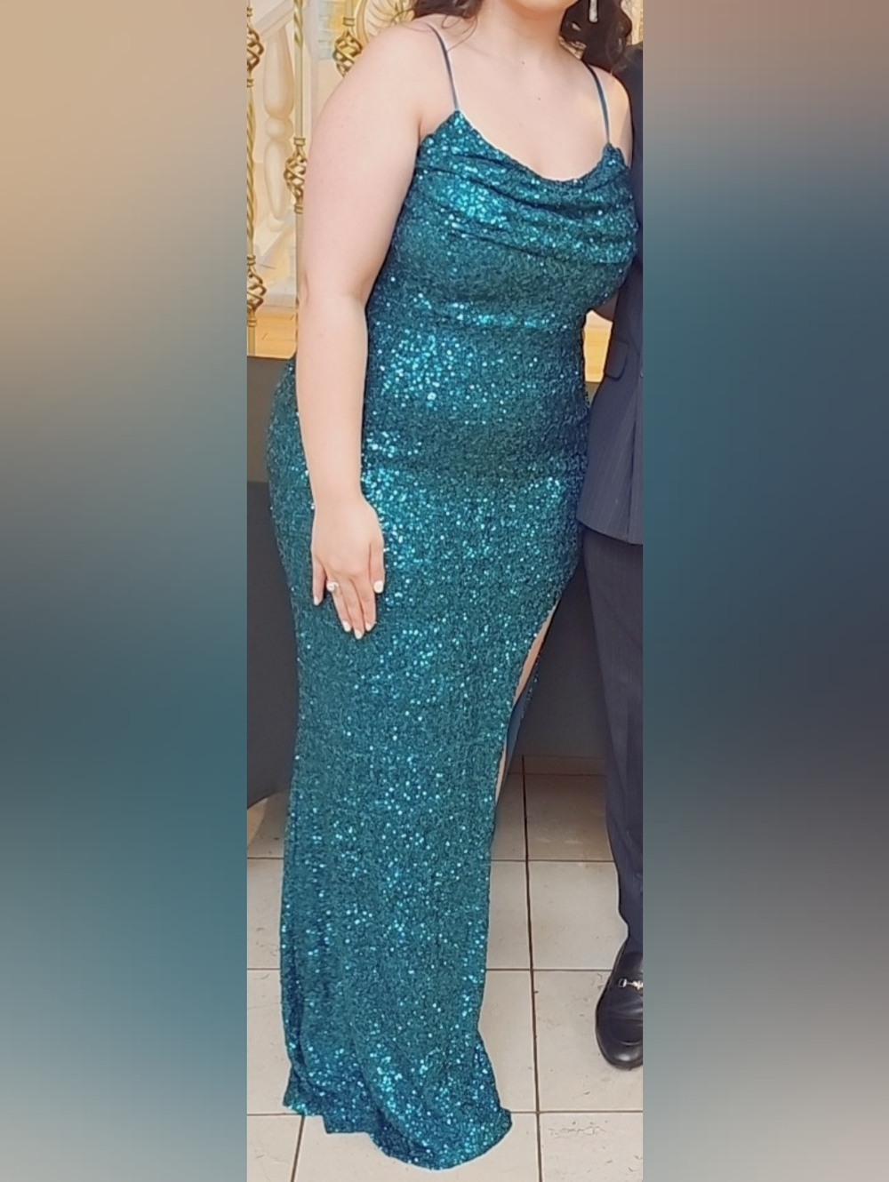 Teal Sequin High-Low Evening Dress with Cowl Neck